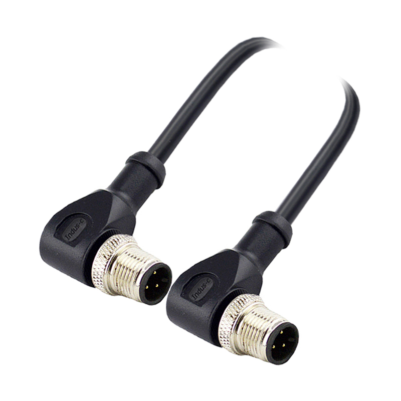 M12 3pins A code male right angle to male right angle molded cable,unshielded,PVC,-10°C~+80°C,22AWG 0.34mm²,brass with nickel plated screw